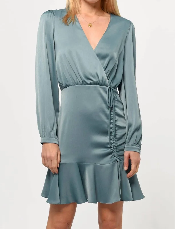 Joanne Ruched Satin Dress In Misty Blue