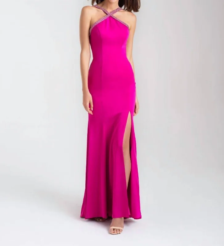 Sparkling Straps Gown In Fuschia