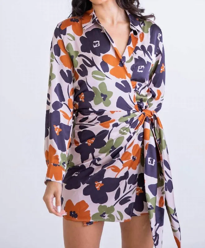 Floral Satin Wrap Pocket Dress In Taupe