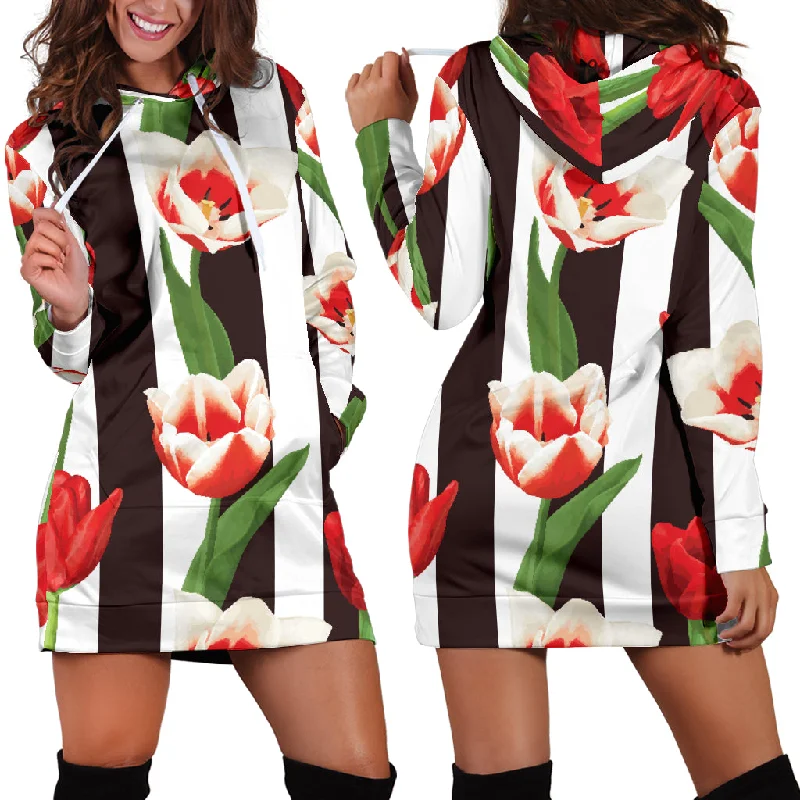 Red And White Tulips Pattern Women'S Hoodie Dress