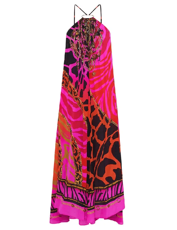 Camilla Women's Gather Neck Halter Maxi Dress, Always Change Your Spots, Pink, Print Beach