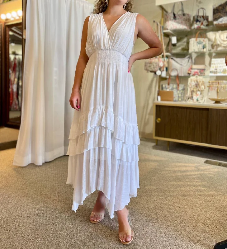 V-Neck Ruffle Maxi Dress In Off White