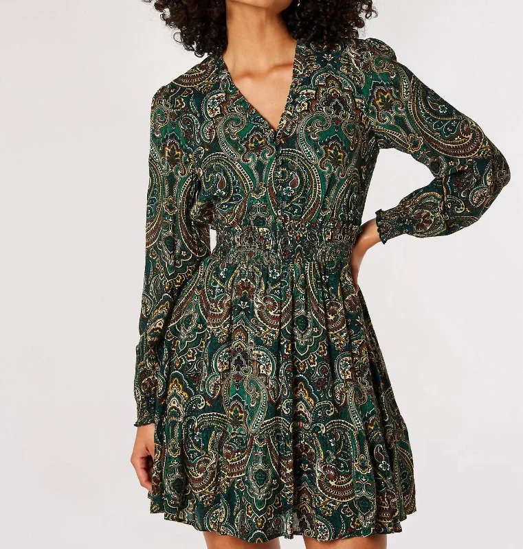 Paisley Print Ruffle Long Sleeve Dress In Dark Green