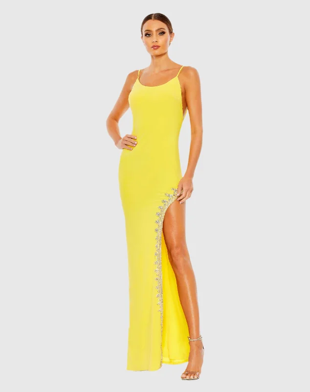 Yellow Rhinestone Encrusted Side Slit Cami Bodycon Gown