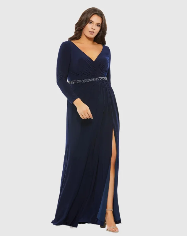 Navy Beaded Belt Jersey Faux Wrap Long Sleeve Gown