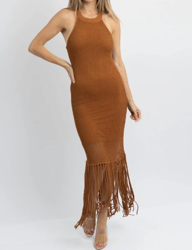 Diem Fringed Midi Dress In Brown