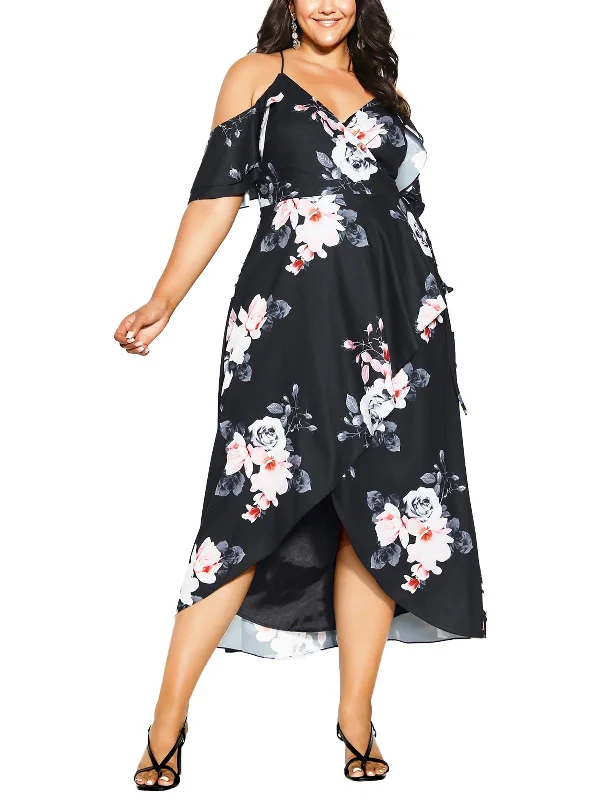 Plus Womens Floral Print Faux Wrap Midi Dress