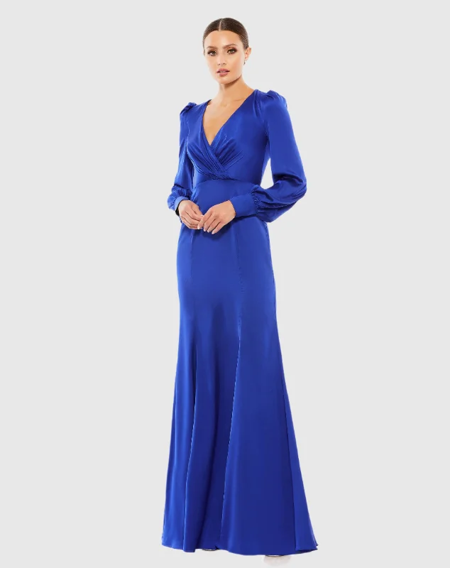 Blue Satin Ruched Bishop Sleeve Gown