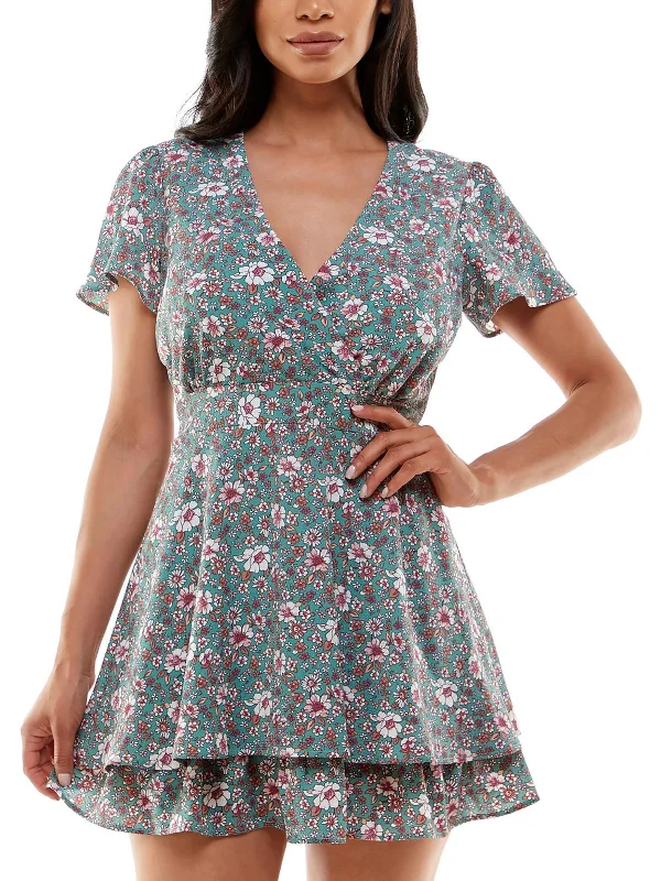 Juniors Womens Floral Print Short Fit & Flare Dress