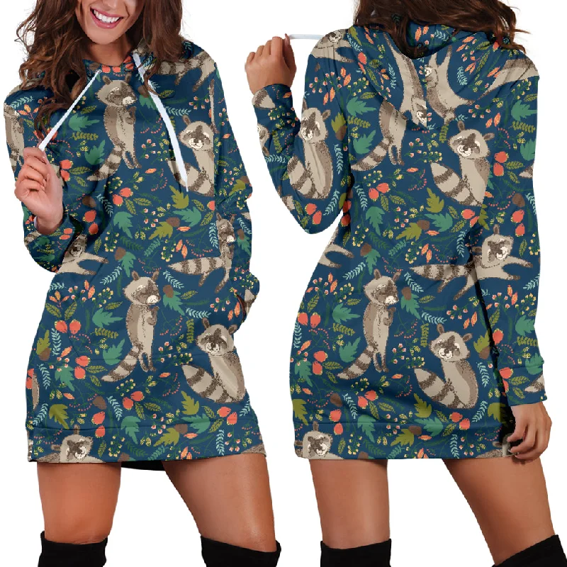 Raccoon Tropical Leaves Pattern Women'S Hoodie Dress