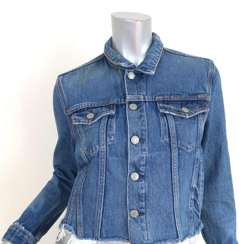 GRLFRND Cara Frayed Denim Jacket London Calling Size Small Cropped Jean Jacket