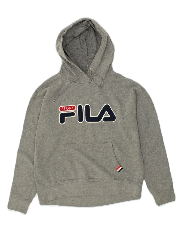 FILA Womens Graphic Hoodie Jumper UK 14 Medium Grey Cotton