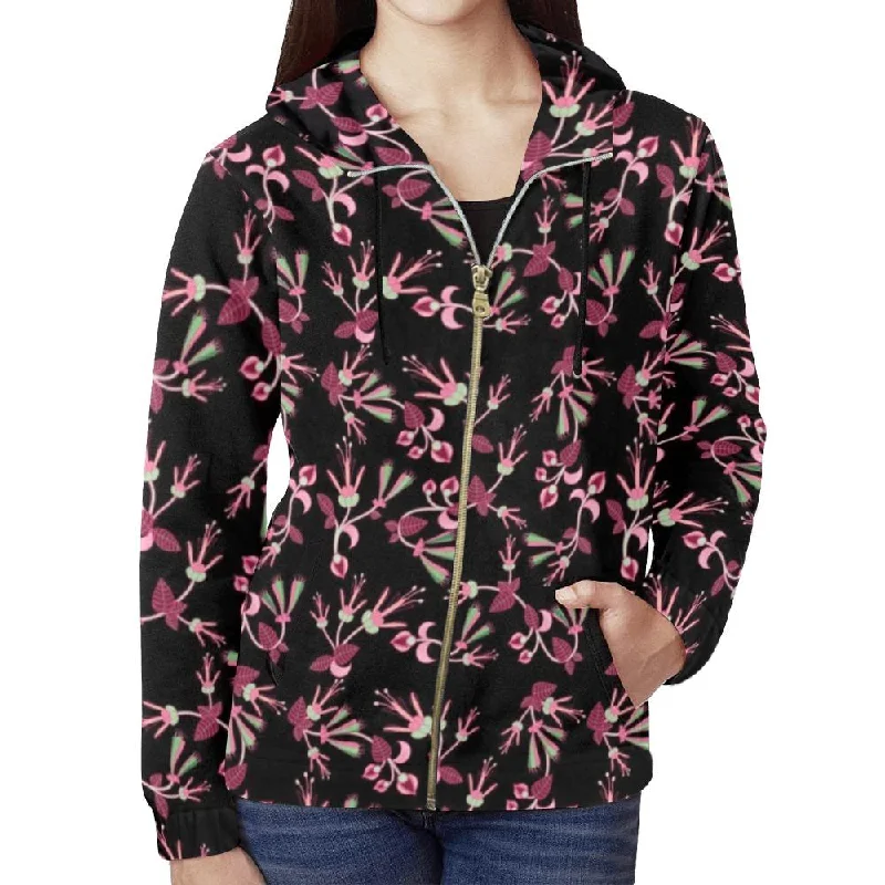 Floral Green Black Full Zip Hoodie for Women