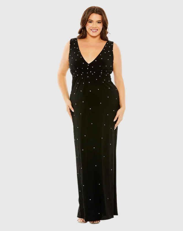 Rhinestone Embellished Open Back Jersey Gown (Plus)