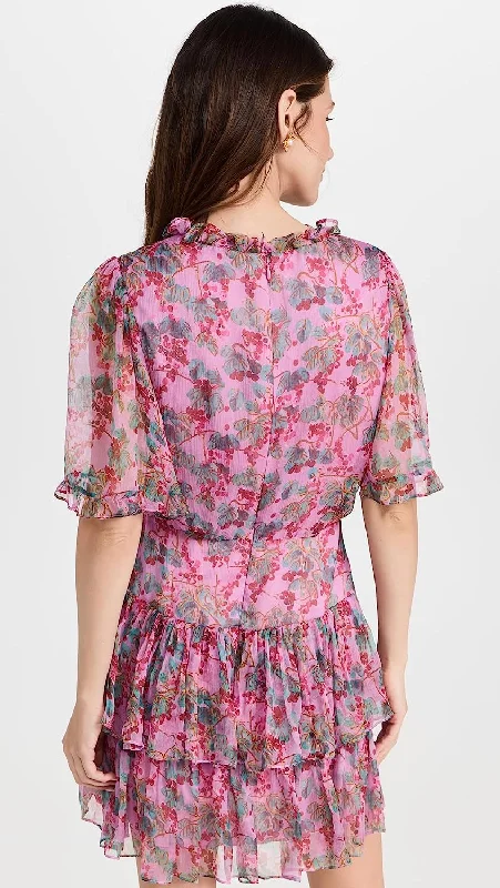 SALONI Women Ava-D Floral Ruffled Layered Silk Mini Dress Mulberry Blush Pink