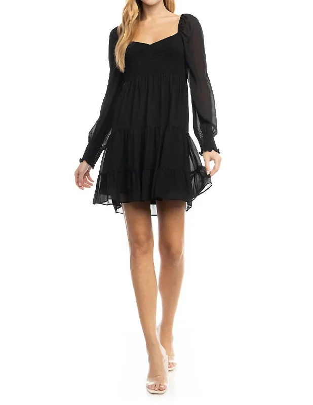 Long Sheer Sleeve Smocked Tiered Dress In Black