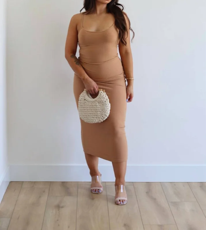 Ribbed Maxi Dress In Tan