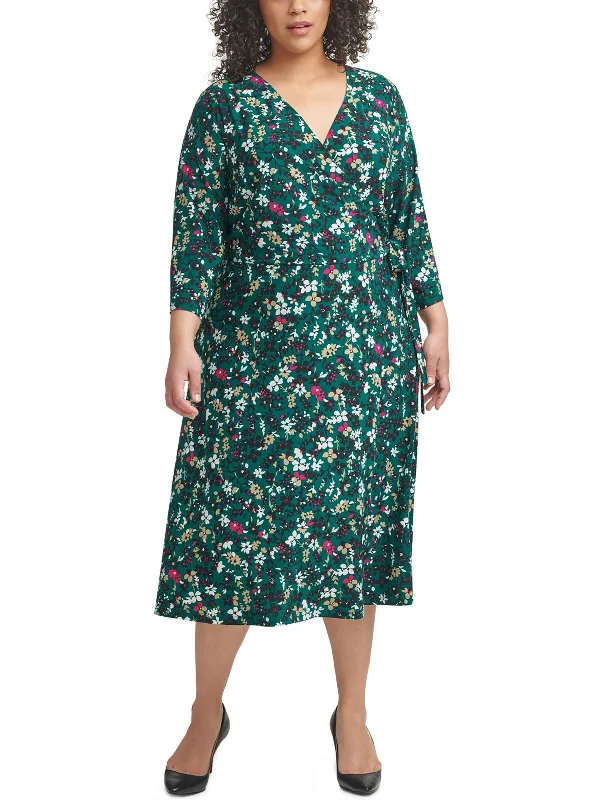 Plus Womens Floral Print Midi Wrap Dress