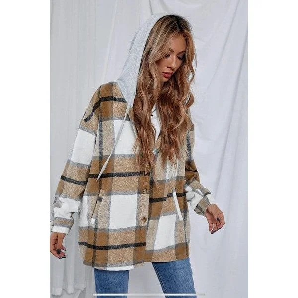 Plaid Drawstring Hooded Jacket