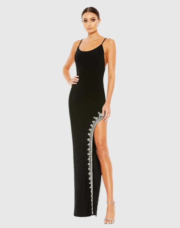 Black Rhinestone Encrusted Side Slit Cami Bodycon Gown