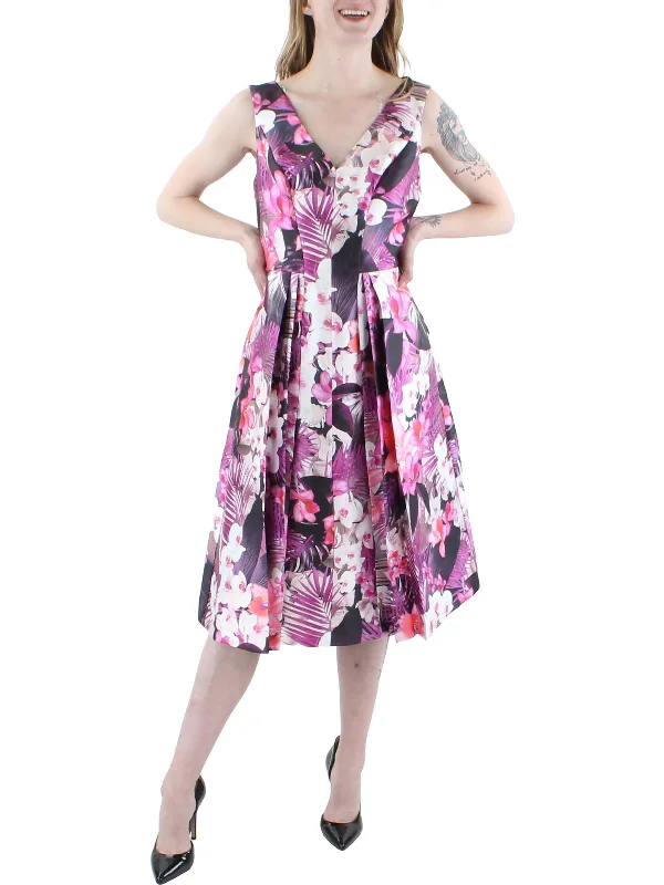 Womens Floral Pleated Cocktail and Party Dress