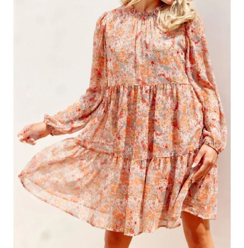 Floral Tiered Long Sleeve Dress In Grey/rust Mix