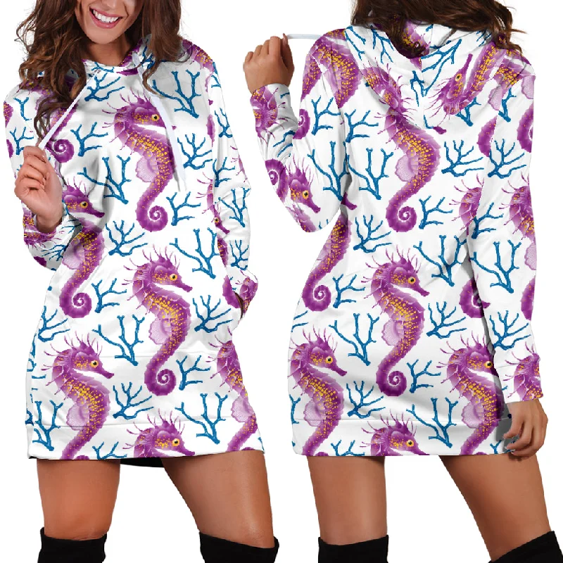 Purple Seahorse Blue Coral Pattern Women'S Hoodie Dress