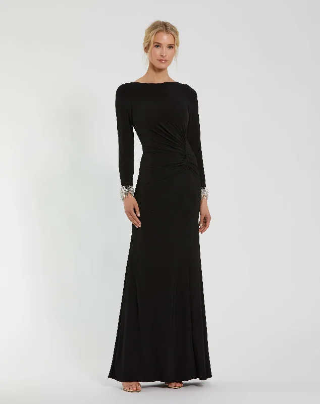 Long Sleeve Jersey Gown With Beaded Cuff Sleeves