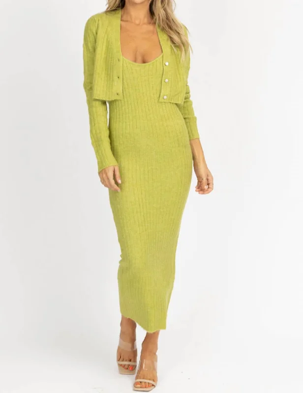 Knit Cardi + Maxi Dress Set In Green