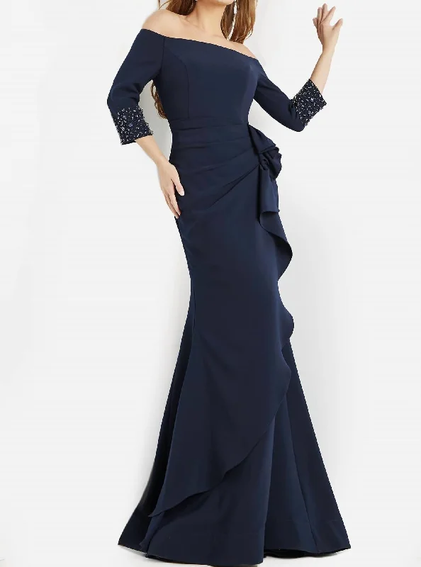 Quarter Sleeve Off-Shoulder Evening Dress In Navy