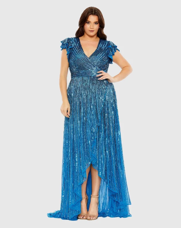 V-Neck Flutter Sleeve High-Low Gown (Plus)