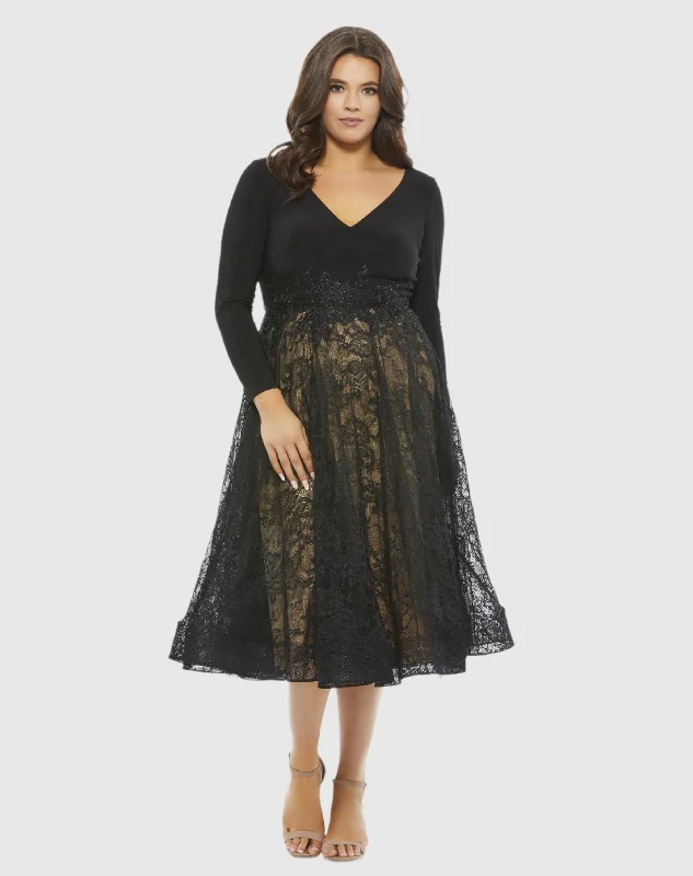 Long Sleeve Jersey & Lace Cocktail Dress (Plus)