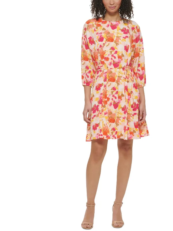 Petites Womens Crepe Floral Fit & Flare Dress