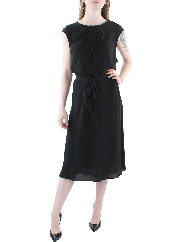 Womens Crepe Cap Sleeve Midi Dress