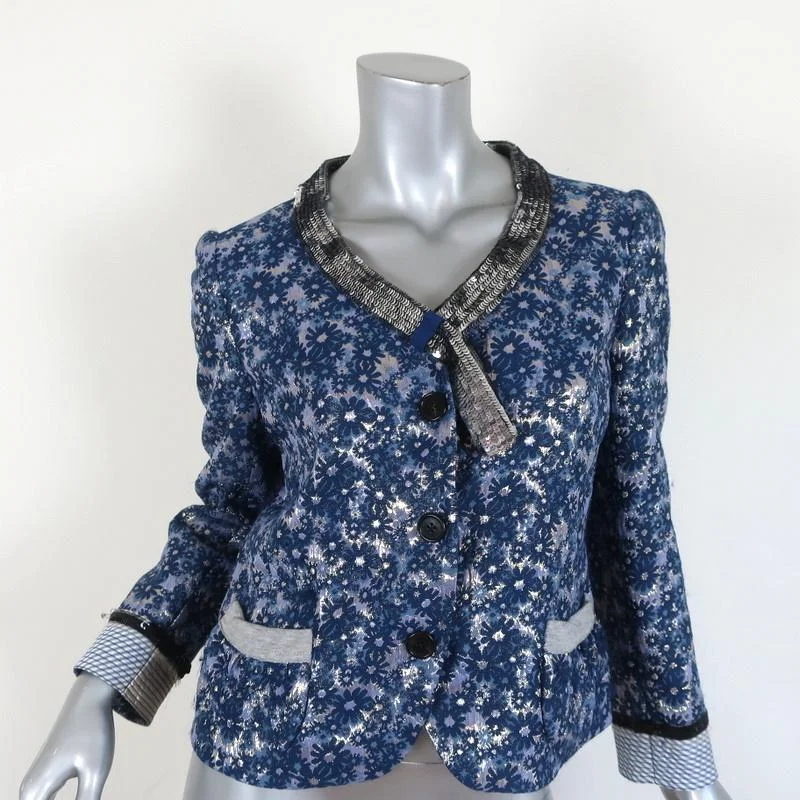 Marc Jacobs Jacket Sequin-Trim Blue/Silver Metallic Floral Jacquard Size 8