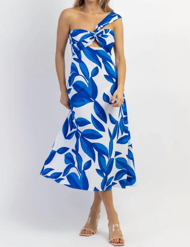 Tahiti One Shoulder Dress In Blue Leaf