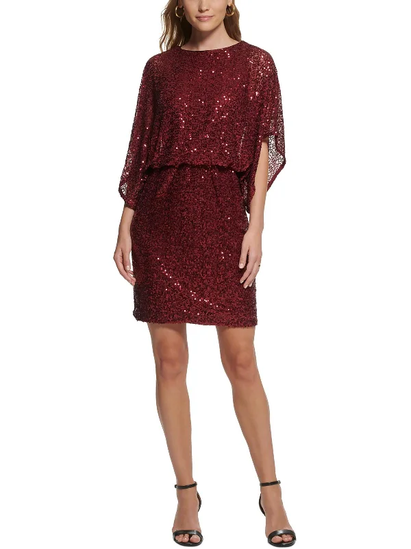 Petites Womens Sequined Mini Cocktail and Party Dress