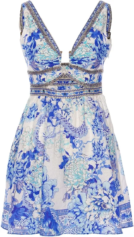 Camilla Women Heart of a Dragon Blue Floral V Neck Cutout Short Dress