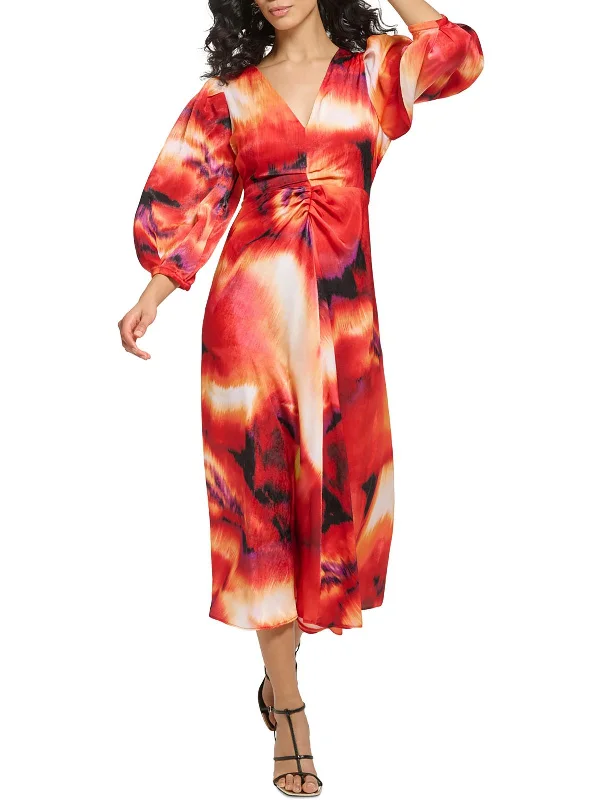 Womens Printed Puff Sleeves Midi Dress