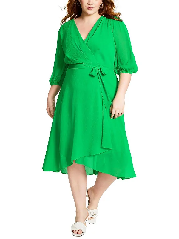 Plus Womens Chiffon Faux Wrap Midi Dress