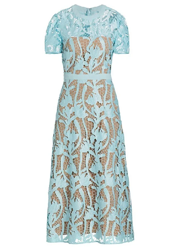 Self Portrait Women Light Blue Short Sleeve Round Neckline Lace Midi Dress