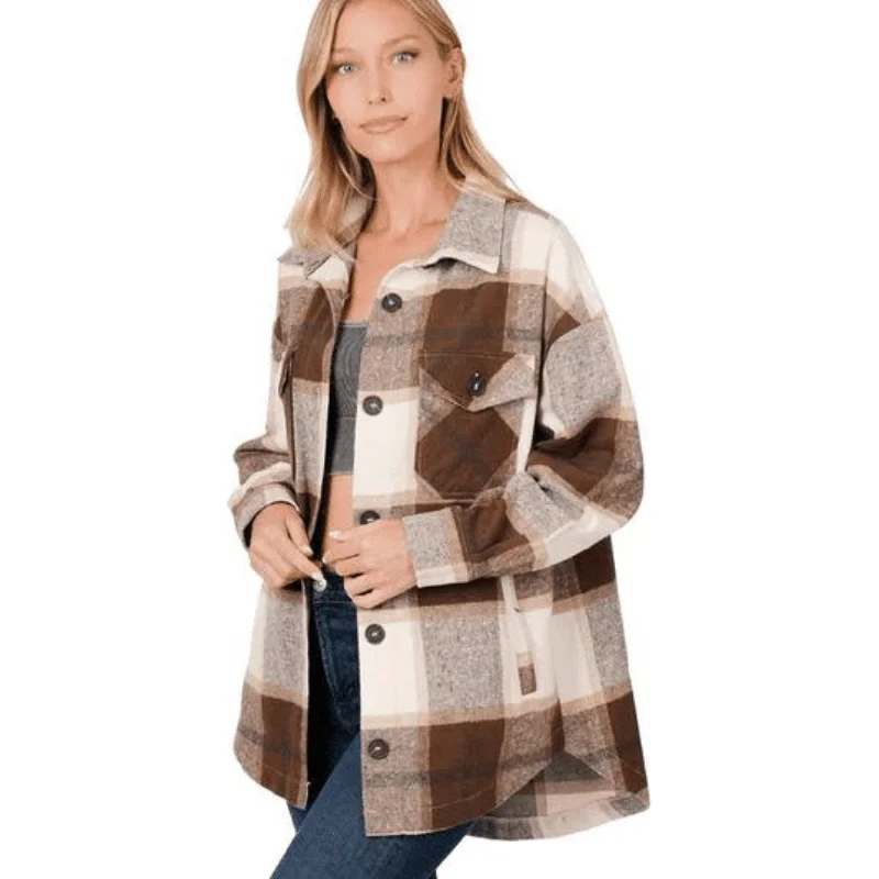 Oversized Yarn Dyed Plaid Shacket With Pockets