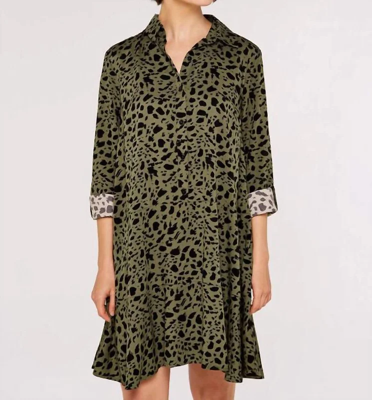 Paint Splash Print Dress In Olive Green