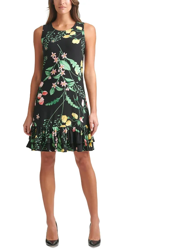 Womens Floral Print Ruffle Shift Dress