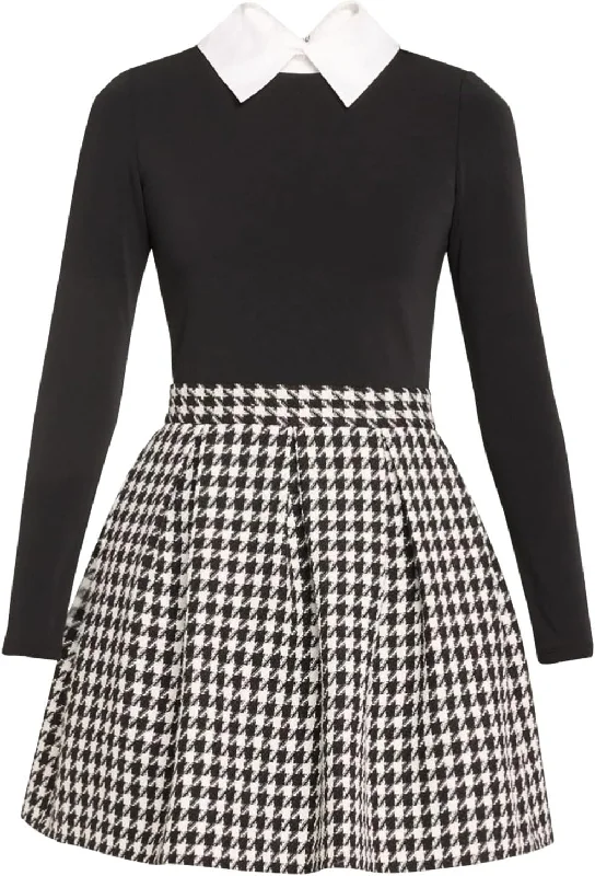 Alice + Olivia Women Chara Long Sleeve Pleated Dress W Collar Black/Off White