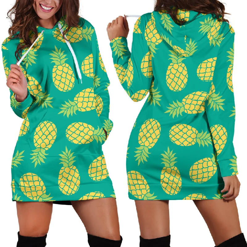 Pineapples Pattern Green Background Women'S Hoodie Dress