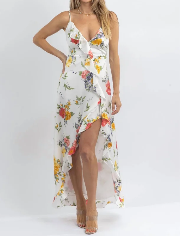 Chloe Multifloral Slit Midi Dress In White