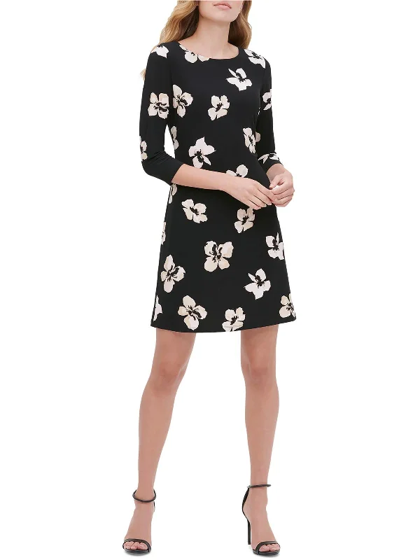 Petites Womens Round Neck Floral Midi Dress