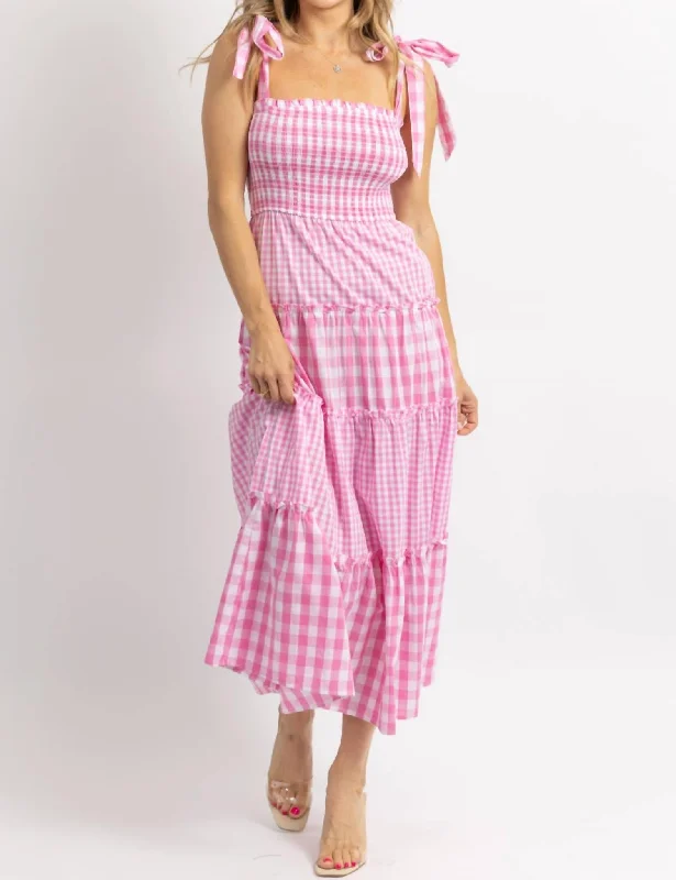 Mixed Gingham Smocked Maxi Dress In Pink