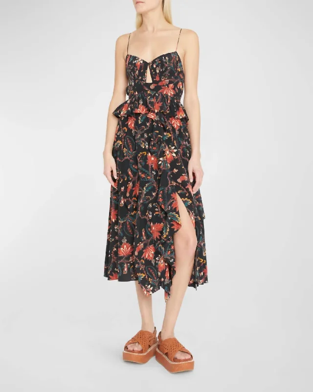 Renata Floral Ruffled Midi Dress In Obsidian Floral Black